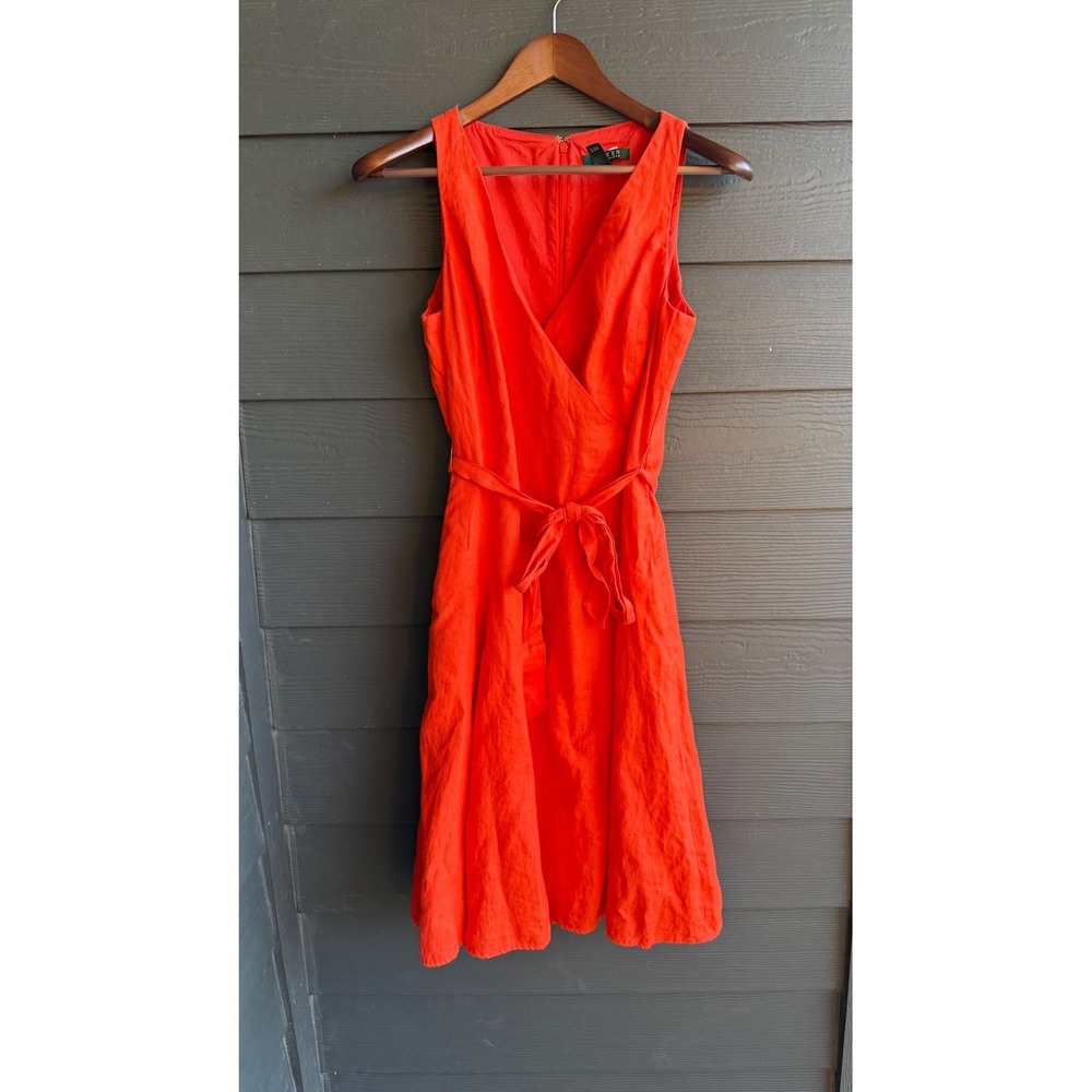 Lauren Ralph Lauren 100% Linen Wrap Look Tie Waist Dress Orange Size 6 - Picture 7 of 10